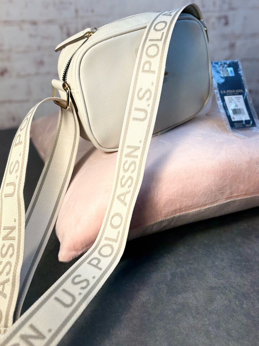 U.S. Polo Assn. Cream Saffiano Crossbody Bag with Wide Strap - Picture 6 of 16